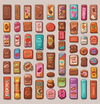 The image displays an assortment of packaged snacks and sweets, including various types of chips, cookies, and other savory and sweet items, neatly stacked and organized in plastic bags. They are placed on a table likely in a market or store setting.