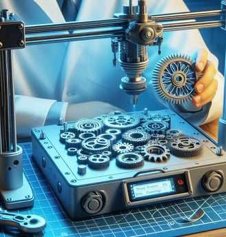 WIKXY Grey coloured, taylormade 3D printed gears on the 3D printer's table. Available at WIKXY 3D Printing in Stoke-on-Trent.