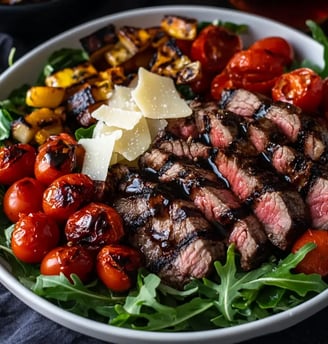 Herzhafter Salat mit saftigem Steak, Blattsalat und Cherry-Tomaten, mit Balsamico-Dressing