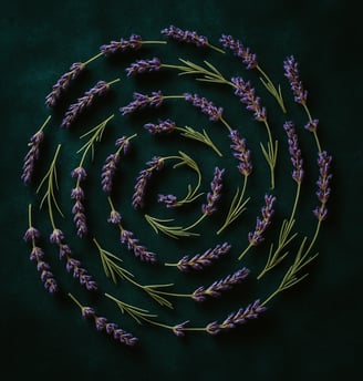 a spiralle of lavender flowers on a green background