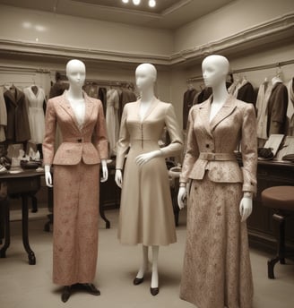 A storefront window of a bespoke tailoring shop displays mannequins dressed in formal suits. Inside, a cozy interior room is visible with a warm yellow light, featuring a person at a desk with a laptop, decorative furniture, and artwork on the walls.