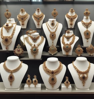 Inside a dimly lit store, rows of intricately crafted jewelry displayed on black holders catch the eye. Necklaces with large pendants and colorful stones are arranged neatly. The shop has wooden frames and showcases with decorative carvings. Shelves in the background are filled with similar ornate jewelry and artifacts.