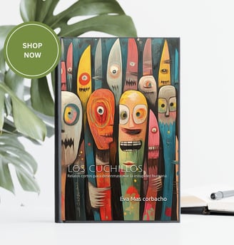 Portada del libro "Los Cuchillos" de Eva Mas Corbacho. Ilustración expresionista con cuchillos antro