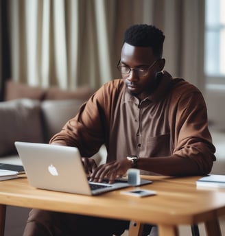 A is using a laptop to browse an online marketplace featuring various digital products or themes. The screen displays a selection of software or website themes with descriptions and prices. The person seems to be in a well-lit room, sitting at a table.