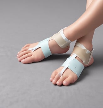 Two feet are propped up against a white towel, with foam separators between the toes. The background features a modern stool with a beige, curved seat on a metal base, set against a light-colored wall.