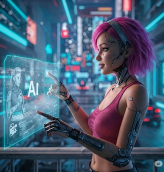 a woman in a pink top and a robot hand holding a tablet