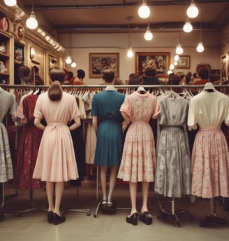 A brightly lit vintage clothing store with a neon green sign above the entrance. The interior showcases various garments, including jackets and shirts, displayed on racks. A mannequin dressed in winter attire stands near the entrance with sale signs visible. The window displays feature eclectic decorations and apparel.