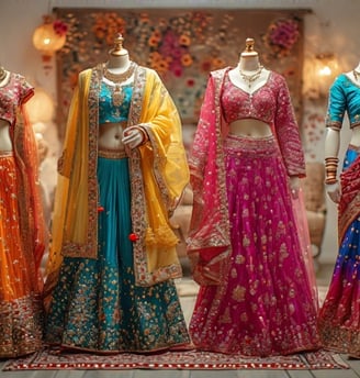a group of mannequins in different colors and designs
