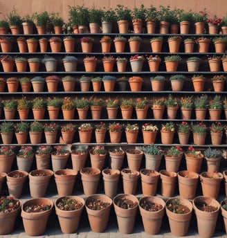 A person is tending to a garden, spreading organic material onto the soil between rows of young plants. The setting is a well-organized farm with various types of plants growing in parallel rows. A wheelbarrow filled with similar organic material is visible nearby.