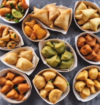 A food stall at a market is displaying a variety of Indian snacks. Plates are piled high with items like fried pastries, puris, and colorful sweets. A person is standing behind the stall, wearing a striped shirt and surrounded by signs and various containers.