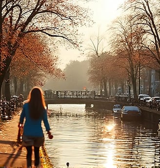a woman walking down a canal in the city similar to Amsterdam