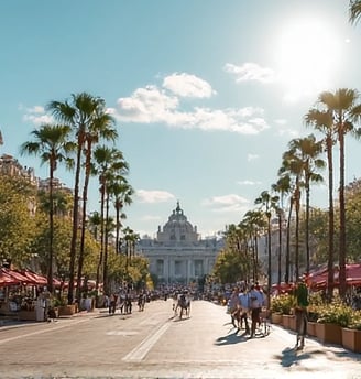 a street scene with palm trees and people walking down the Barcelona city centre