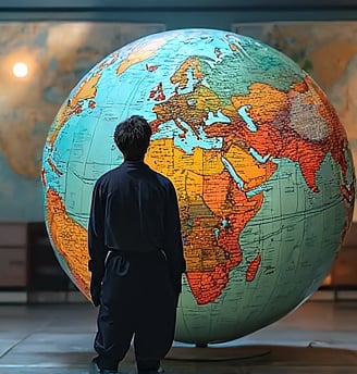 a man standing in front of a large globe globe somewhere in a library