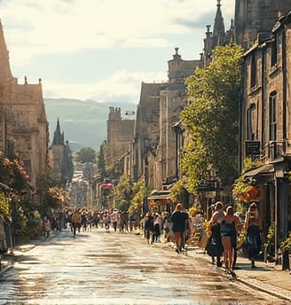 a city street with a lot of people walking down the town in Scotland