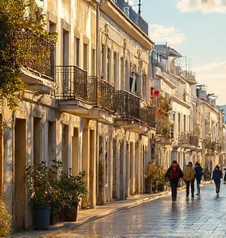 a group of people walking down a street of Lisbon suburb
