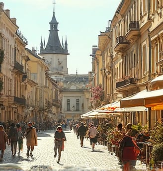 a city street scene in Central Europe with people walking down a street