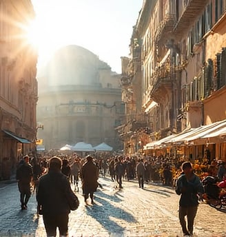 a group of people walking down a street in the old town part of Italian city