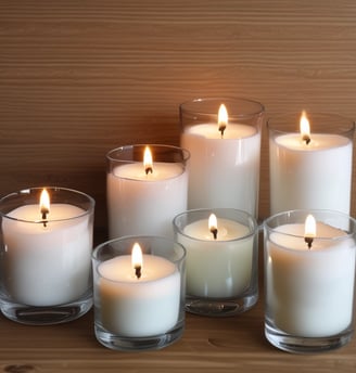 A collection of artisan candles with dried flowers and herbs embedded in the wax is arranged on a wooden surface. The candles vary in size, with some in glass containers. The dried flowers include lavender and rose petals, adding a rustic and handmade aesthetic. Soft lighting enhances the warm and cozy atmosphere.