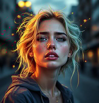 a woman with blonde hair and a hoodie