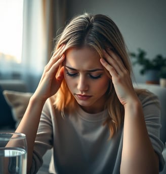 a woman with a glass of water with her hands on her head