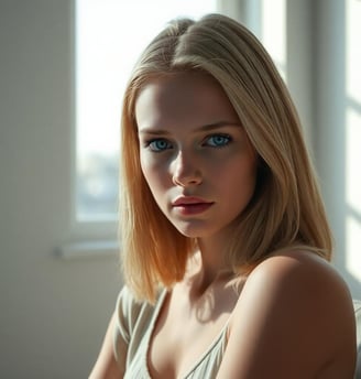 a woman with blue eyes and blonde hair