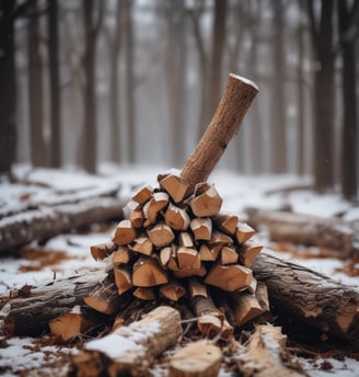 A stack of neatly arranged chopped firewood logs is visible, with varying shades of brown and hints of green moss on the bark, suggesting a rustic and natural setting. The logs are cut into uniform pieces, indicating they are prepared for use as firewood.