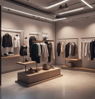 A neatly stacked pile of clothing with visible brand logos, including Nike and a horse logo. The clothes are mainly in dark and neutral colors, with a prominent black piece featuring a large white swoosh. A subtle vertical obstruction divides the image, adding a sense of depth.
