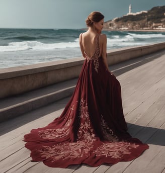 Woman in embroidered maroon dress wlking along the boardwalk