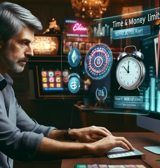 Middle-aged man setting time and money limits for responsible gambling on a computer.
