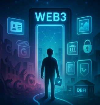 A futuristic digital illustration of a user standing before a glowing "WEB3" gateway, symbolizing th