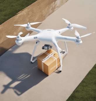 A drone hovers in the air with blurred trees and objects in the background, suggesting an outdoor setting. The drone's design includes visible propellers and a camera mounted at the front, indicating its potential use for aerial photography or videography.