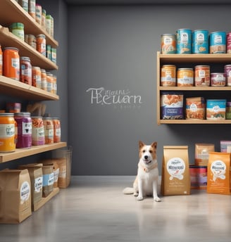 A colorful pet store section with a vibrant blue and yellow floral theme. Shelves are filled with pet party kits, grooming products, and toys. A plush cushion shaped like a flower with a smiley face is placed in the corner along with stuffed animals resembling dogs and lions. The area is labeled as 'Pet Zone' with a prominent sign.
