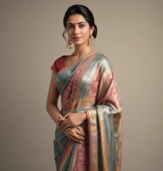 A woman stands elegantly wearing a dark blue ethnic outfit that features intricate patterns and a matching long dupatta. She holds the dupatta gracefully, showcasing its design. Her hair is neatly styled, and she wears large, traditional earrings. Next to her, there is a tall white vase with green foliage.