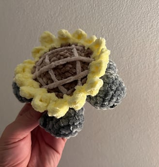 a person holding a crochet flower in their hand