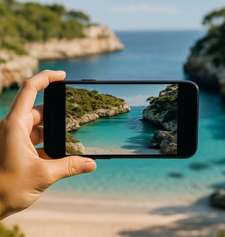 Mano sosteniendo un móvil capturando una vista de aguas turquesas y acantilados en Mallorca – Maiorca Unlocked.