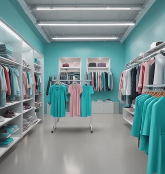 A clothing store with racks of various garments, including shirts, blouses, and pants on both sides of a central aisle. Sale signs are visible, with light tones of pastel colors and some printed patterns on the clothing.