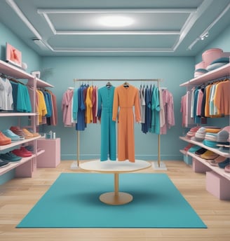 A well-organized clothing store with displays of neatly stacked shirts in various colors, mainly white, blue, and beige. Mannequins dressed in formal attire are placed around the store. Shelves are stocked with boxes and additional clothing items. Overhead lighting creates a warm atmosphere, and signs displaying prices are visible throughout the store.