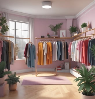 A clothing store with racks of various garments, including shirts, blouses, and pants on both sides of a central aisle. Sale signs are visible, with light tones of pastel colors and some printed patterns on the clothing.