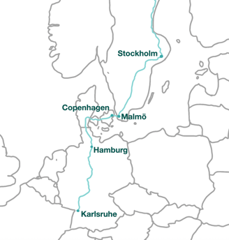 Travel Map Karlsruhe to Stockholm via Hamburg, Copenhagen and Malmö