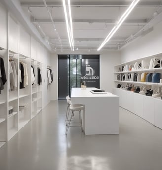 A neatly organized clothing store featuring a variety of colorful clothing items displayed on hangers and shelves. A central wooden table showcases folded garments with vibrant colors. The walls have posters and more hanging clothes. The store has a modern, minimalist aesthetic with a bright and clean interior.
