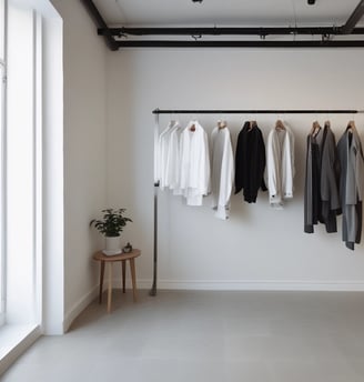A well-organized clothing store with racks of assorted garments on both sides, featuring a mix of colors and styles. The space is brightly lit with white walls and a minimalist design, and a potted plant adds a touch of greenery.