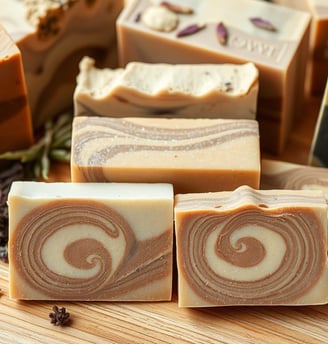 swirled homemade soap with botanicals around it, 