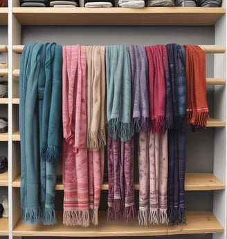 Two women are shopping in a brightly lit clothing store. They are browsing through racks of clothes, with various apparel and accessories displayed on shelves and hangers in the background. One woman is holding up a garment to show the other.