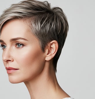 a woman with a short haircut and a white shirt