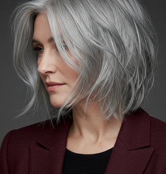a woman with a grey hair and a red jacket