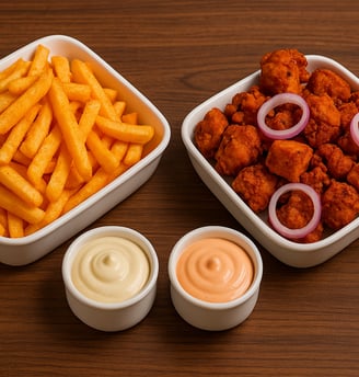 Cheesy Fries, paneer pakora and mayp sauce