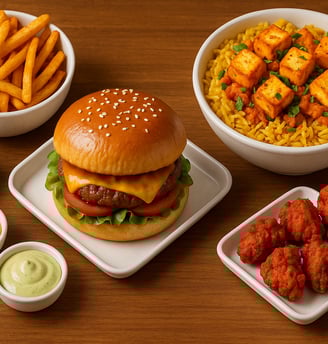 peri-peri fries, classic chicken burger, rice bowl, chicken pakora, mayp sauce