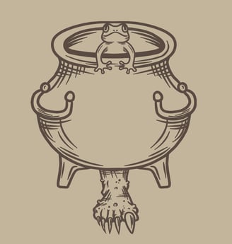 Hand-drawn artwork, cauldron, frog, monster foot, whimsical design, creative art