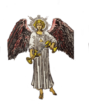 Tarot Temperance a female wingled angel pouring liquid between the 2 cups she is holding