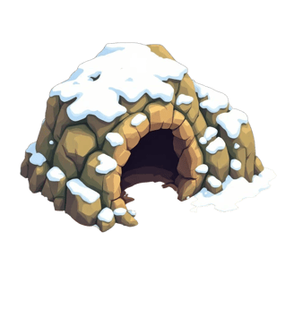 a small cave with a snow covered ground